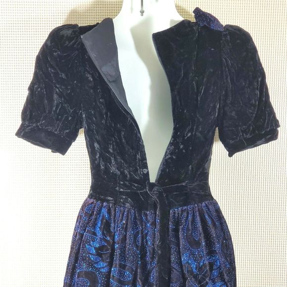 Jessica McClintock Gunne Sax Dress 12 Black Crushed Velvet Blue Prom Cocktail - Picture 11 of 12